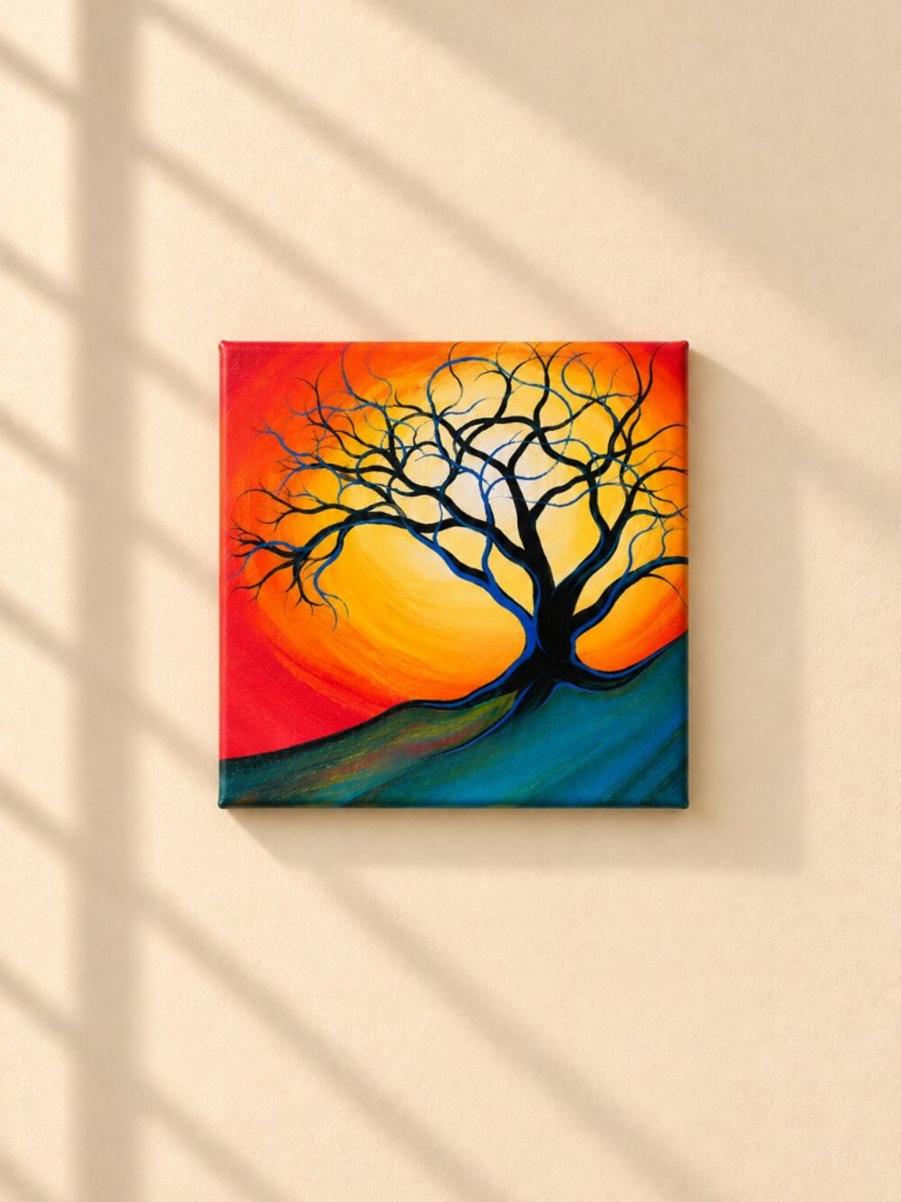 ACRYLIC PAINTING Tree Bold Sunshine Bright Sky Mary Loos Original Abstract 7.75"